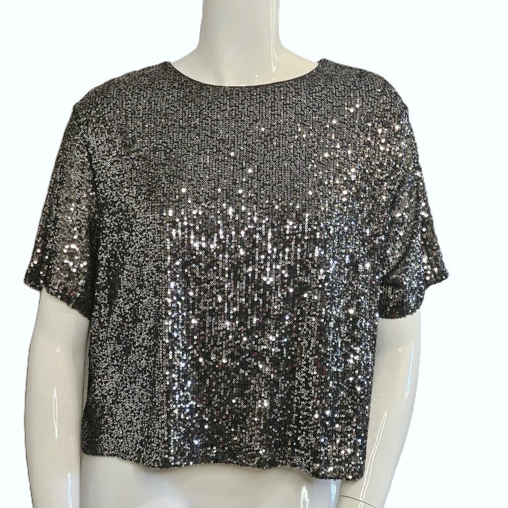 Rock & Shine by Reitmans Silver Short -Sleeved Sequin Top Size XXL